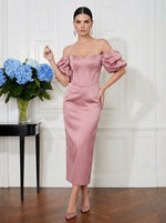 Satin Sheath Off Shoulder Midi Cocktail Dresses with Corset Bodice