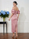 Satin Sheath Off Shoulder Midi Cocktail Dresses with Corset Bodice