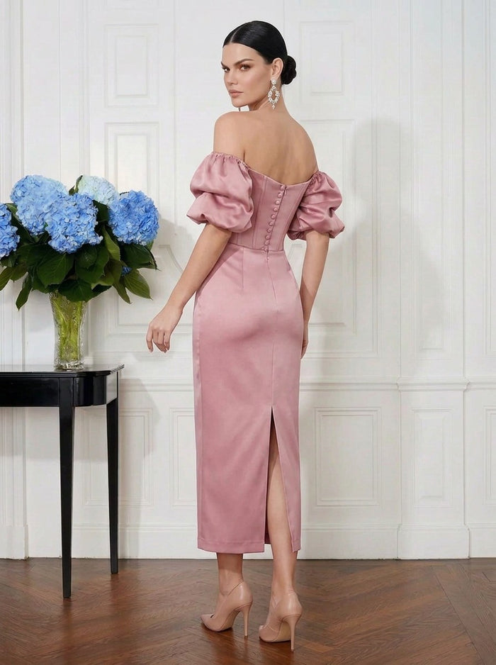 Satin Sheath Off Shoulder Midi Cocktail Dresses with Corset Bodice