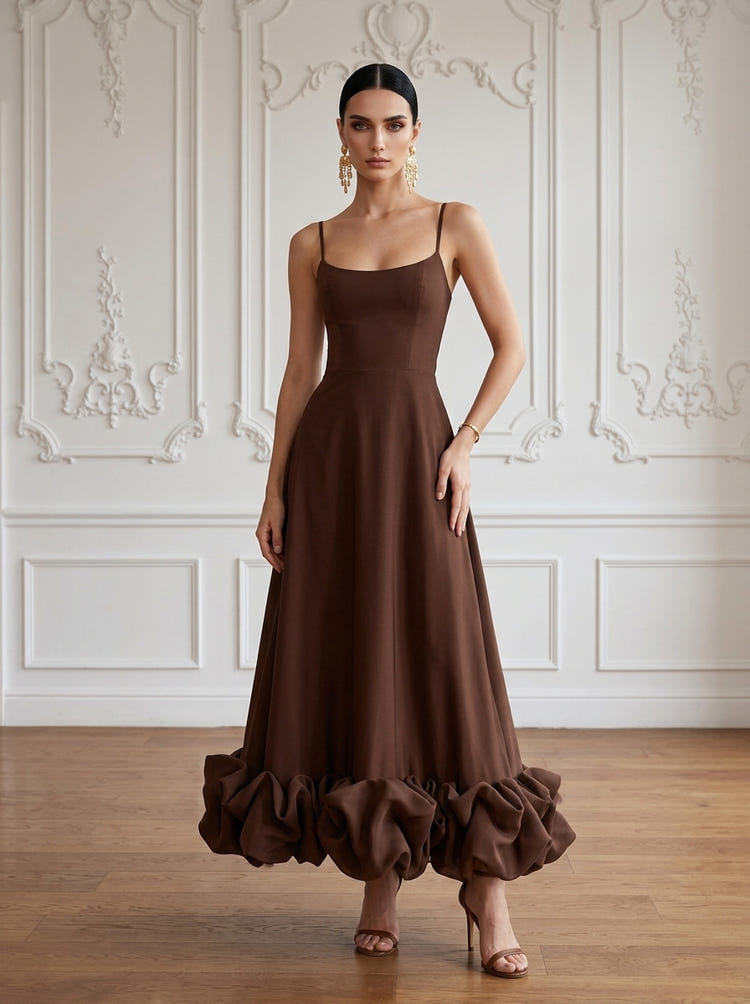 Jersey A-Line Spaghetti Straps Maxi Cocktail Dresses with Ruffle Hem