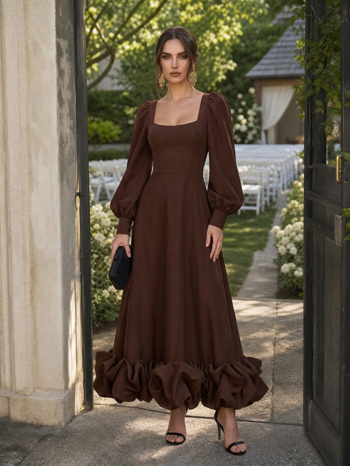 Jersey A-Line Square Neck Maxi Cocktail Dresses with Ruffle Hem