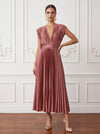 Satin A-Line V Neck Maxi Cocktail Dresses with Delicate Pleated