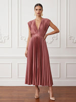 Satin A-Line V Neck Maxi Cocktail Dresses with Delicate Pleated