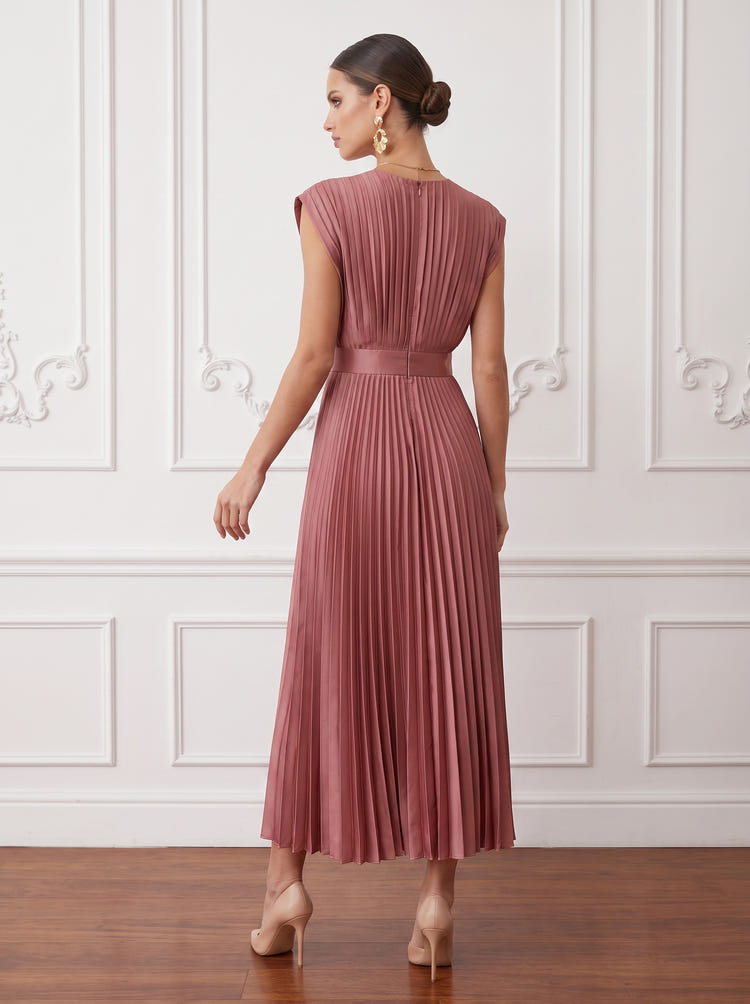 Satin A-Line V Neck Maxi Cocktail Dresses with Delicate Pleated