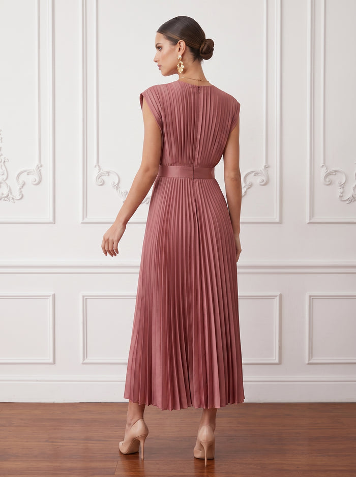 Satin A-Line V Neck Maxi Cocktail Dresses with Delicate Pleated