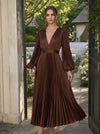 Satin A-Line V Neck Maxi Cocktail Dresses with Delicate Pleated