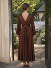 Satin A-Line V Neck Maxi Cocktail Dresses with Delicate Pleated