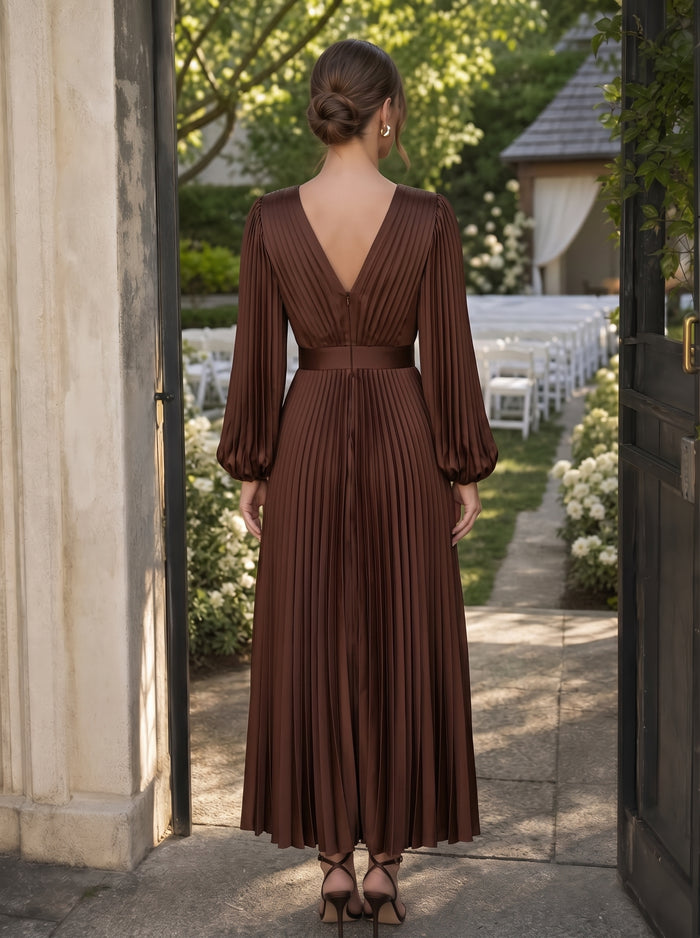 Satin A-Line V Neck Maxi Cocktail Dresses with Delicate Pleated