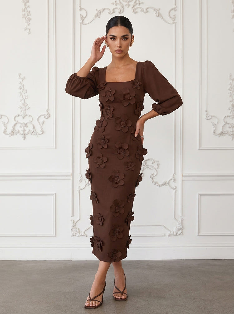 Jersey Sheath Square Neck Maxi Cocktail Dresses with 3D Flowers