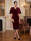 Velvet Sheath Asymmetric Neck Midi Cocktail Dresses with Caps
