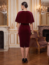 Velvet Sheath Asymmetric Neck Midi Cocktail Dresses with Caps