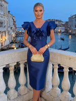 Satin Sheath V Neck Midi Cocktail Dresses with 3D Flowers