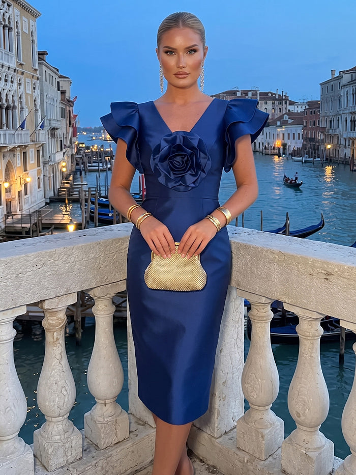Satin Sheath V Neck Midi Cocktail Dresses with 3D Flowers