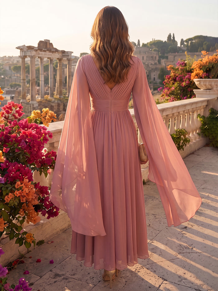 Chiffon A-Line V Neck Midi Cocktail Dresses with Delicate Pleated