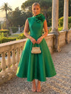 Satin A-Line High Neck Midi Cocktail Dresses with 3D Flowers