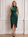Metallic Satin Sheath High Neck Midi Cocktail Dresses with Pocket