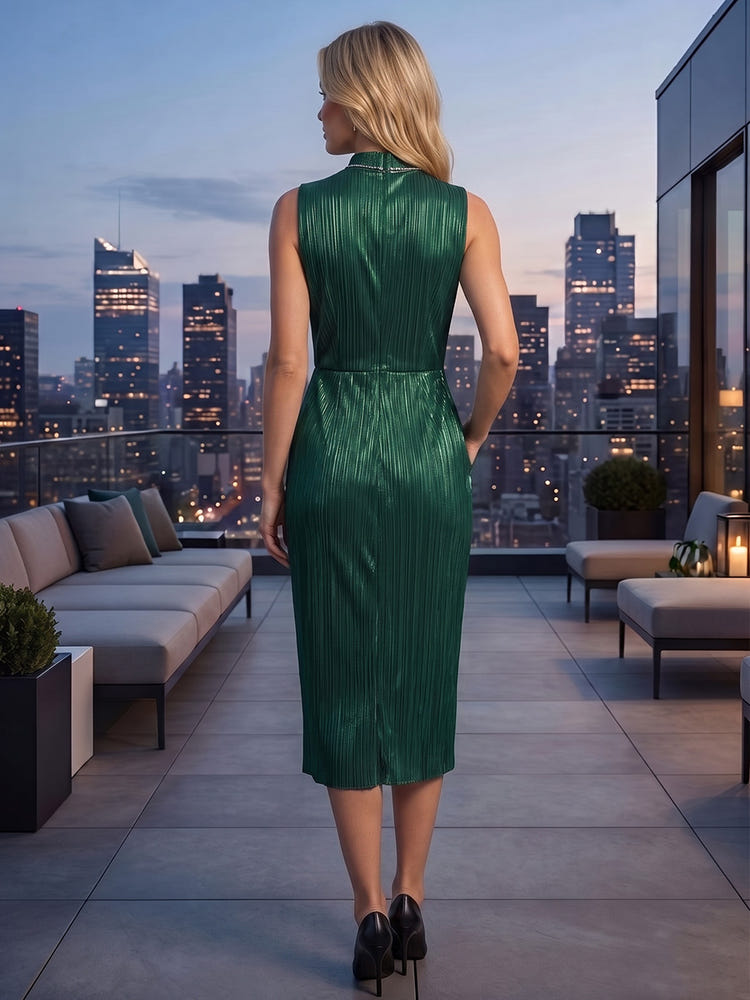 Metallic Satin Sheath High Neck Midi Cocktail Dresses with Pocket