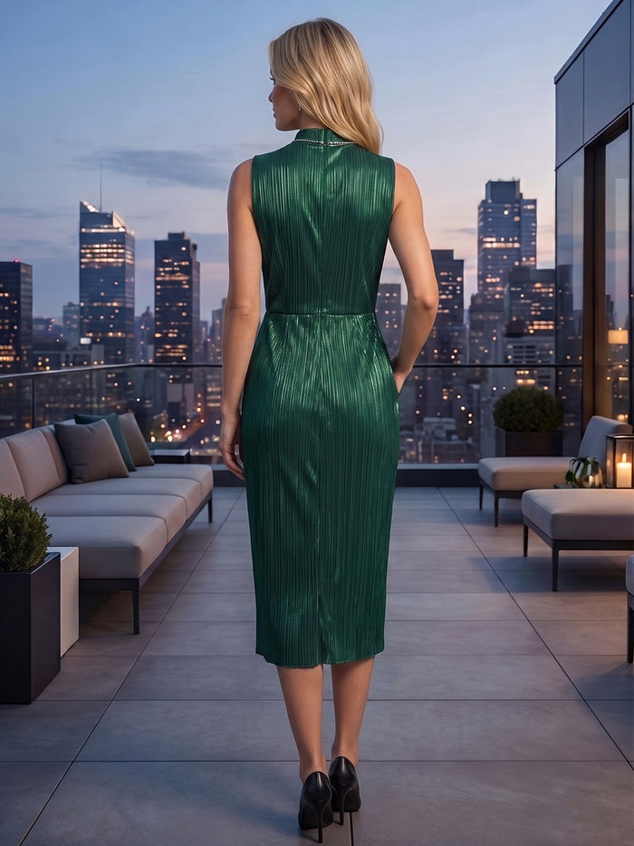 Metallic Satin Sheath High Neck Midi Cocktail Dresses with Pocket