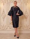 Satin Sheath Crew Neck Midi Cocktail Dresses with 3D Flowers