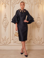 Satin Sheath Crew Neck Midi Cocktail Dresses with 3D Flowers