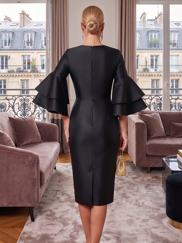 Satin Sheath Crew Neck Midi Cocktail Dresses with 3D Flowers