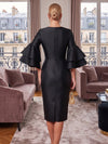 Satin Sheath Crew Neck Midi Cocktail Dresses with 3D Flowers