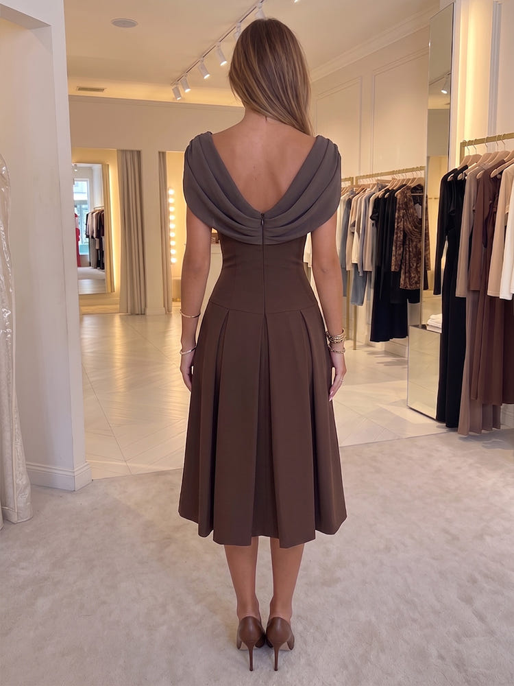Jersey A-Line Cowl Neck Midi Cocktail Dresses with Pleated