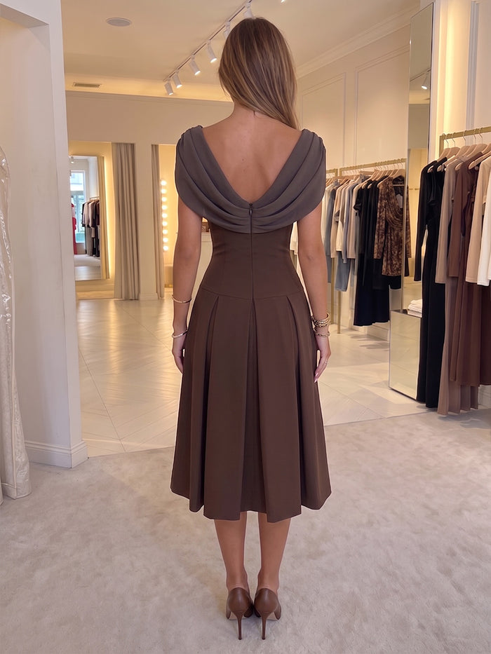 Jersey A-Line Cowl Neck Midi Cocktail Dresses with Pleated