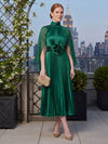 Satin A-Line High Neck Midi Cocktail Dresses with Delicate Pleated