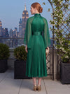 Satin A-Line High Neck Midi Cocktail Dresses with Delicate Pleated