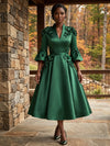 Satin A-Line Stand Collar Midi Cocktail Dresses with 3D Flowers