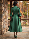 Satin A-Line Stand Collar Midi Cocktail Dresses with 3D Flowers