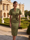 Satin Sheath Stand Collar Midi Cocktail Dresses with 3D Flowers