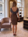Jersey Sheath Cowl Neck Midi Cocktail Dresses with Chiffon Overlay