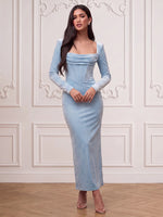 Velvet Sheath Square Neck Midi Cocktail Dresses with Corset Bodice