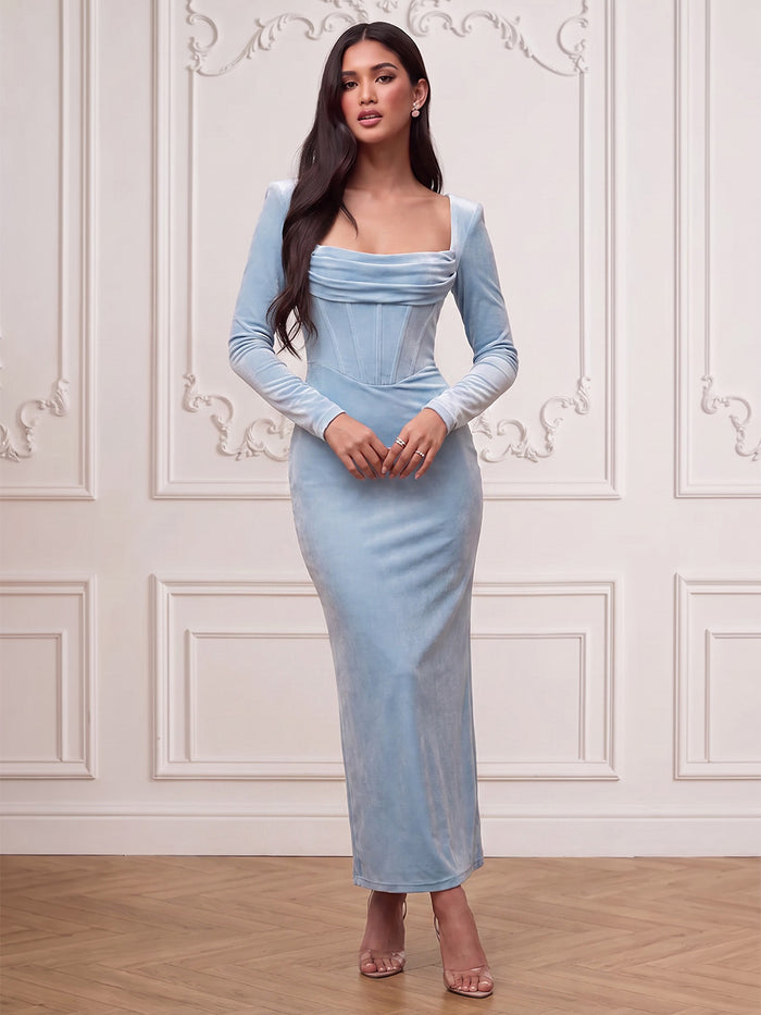Velvet Sheath Square Neck Midi Cocktail Dresses with Corset Bodice