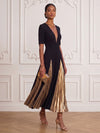 Metallic Satin A-Line V Neck Midi Cocktail Dresses with Delicate Pleated