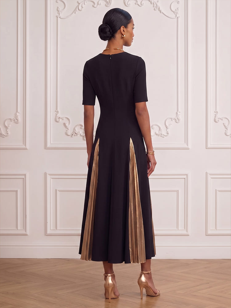 Metallic Satin A-Line V Neck Midi Cocktail Dresses with Delicate Pleated