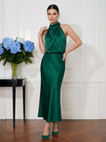 Satin Mermaid Halter Midi Cocktail Dresses with Blouson Loose Top