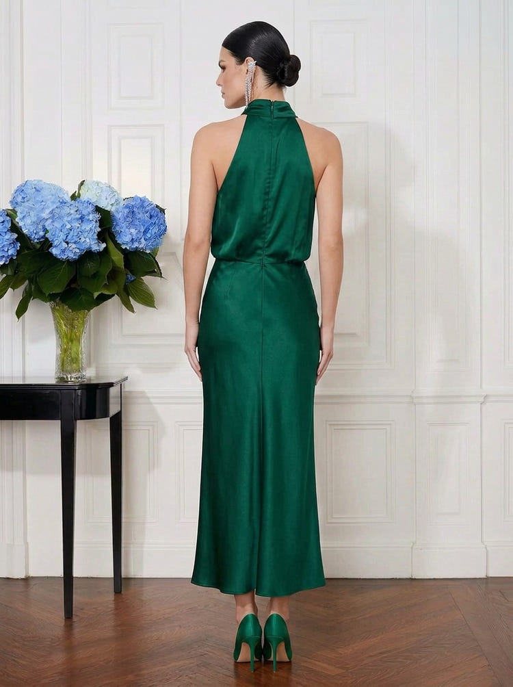 Satin Mermaid Halter Midi Cocktail Dresses with Blouson Loose Top