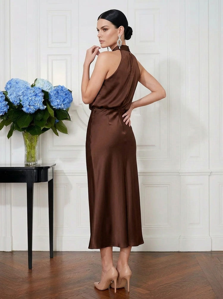 Satin Mermaid Halter Midi Cocktail Dresses with Blouson Loose Top