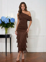 Jersey Bodycon One Shoulder Midi Cocktail Dresses with Fringe