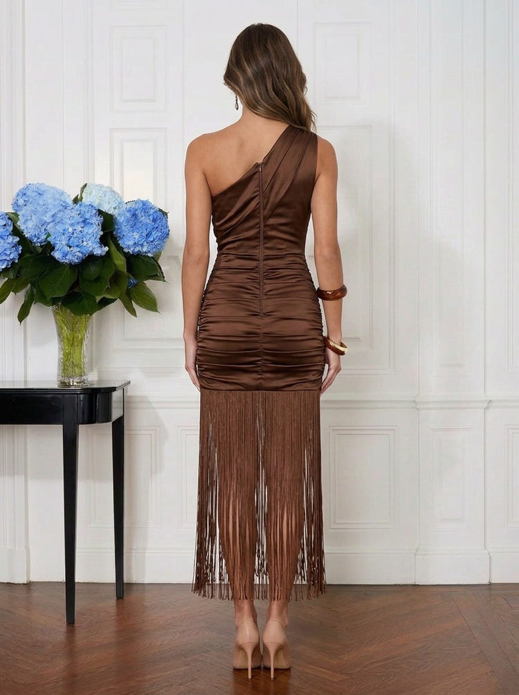Satin Bodycon One Shoulder Midi Cocktail Dresses with Fringe