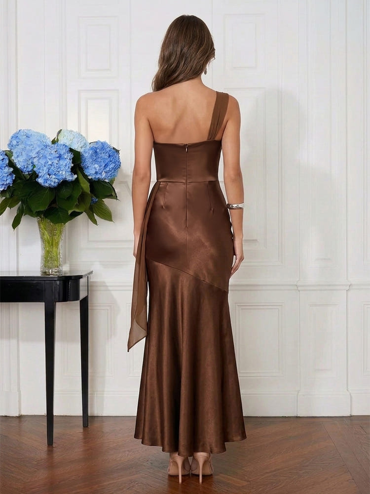 Satin Mermaid One Shoulder Midi Cocktail Dresses with Draped Side Sash