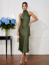 Satin Sheath Halter Midi Cocktail Dresses with Sash