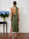 Satin Sheath Halter Midi Cocktail Dresses with Sash