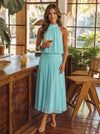 Chiffon A-Line Halter Midi Cocktail Dresses with Ruched Elastic Waistband