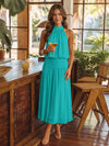 Chiffon A-Line Halter Midi Cocktail Dresses with Ruched Elastic Waistband