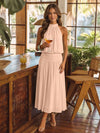 Chiffon A-Line Halter Midi Cocktail Dresses with Ruched Elastic Waistband