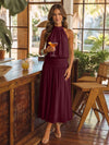 Chiffon A-Line Halter Midi Cocktail Dresses with Ruched Elastic Waistband
